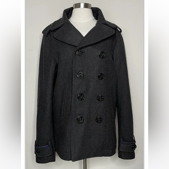 DIESEL Pea Coat Wool Black MEN'S Large L Button Epaulet Trench Military SLIM FIT - Picture 1 of 6